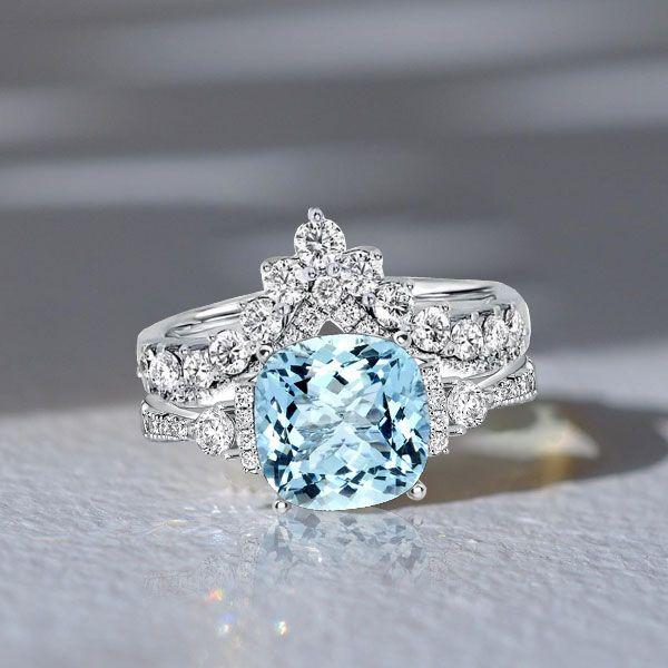 Aquamarine Cushion Cut Engagement Ring Set - 925 Sterling Silver Bridal Set