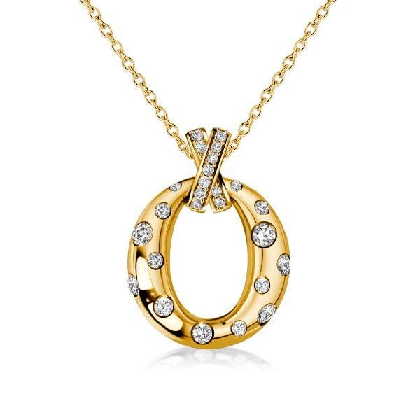 18K Gold Plated Sterling Silver Flush Setting Oval Pendant Necklace with Adjustable Chain