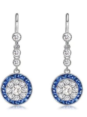 Halo Milgrain White & Blue Sterling Silver Drop Earrings