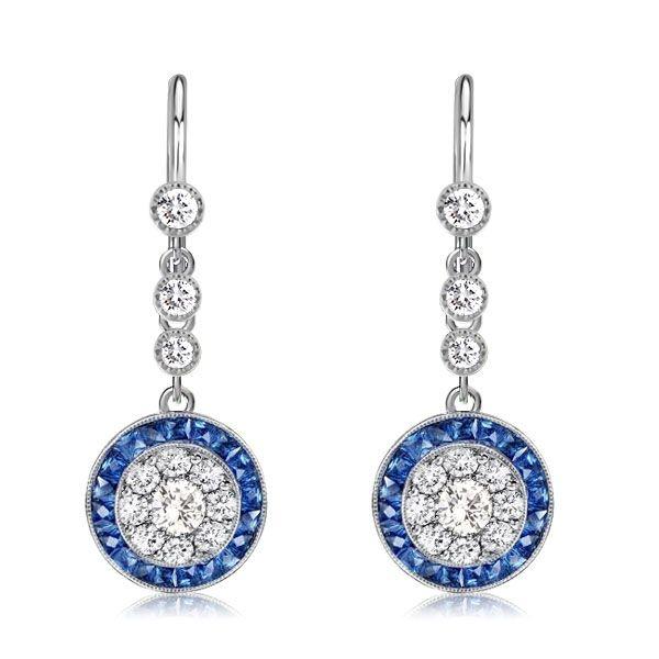 Halo Milgrain White & Blue Sterling Silver Drop Earrings