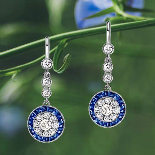 Halo Milgrain White & Blue Sterling Silver Drop Earrings