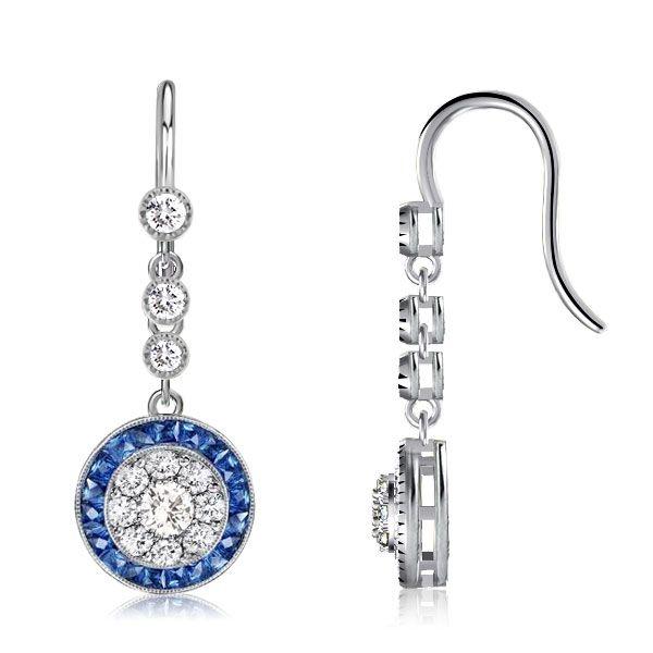 Halo Milgrain White & Blue Sterling Silver Drop Earrings