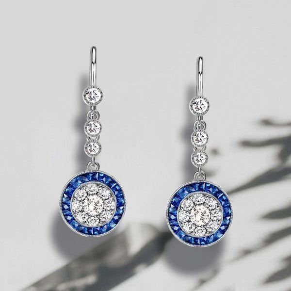 Halo Milgrain White & Blue Sterling Silver Drop Earrings