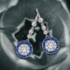 Halo Milgrain White & Blue Sterling Silver Drop Earrings