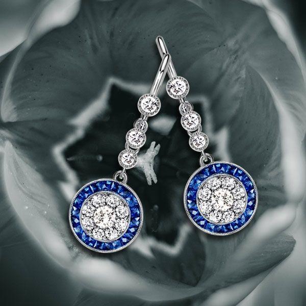 Halo Milgrain White & Blue Sterling Silver Drop Earrings