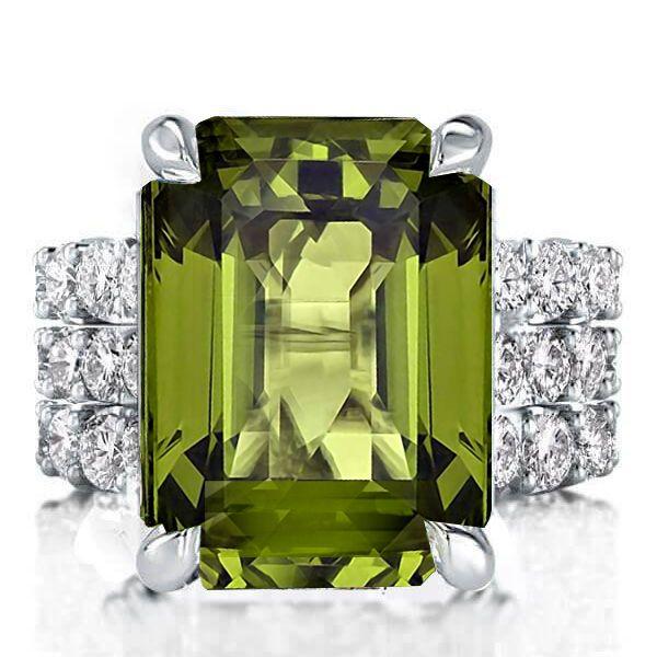Emerald Cut Peridot Sterling Silver 3PC Wedding Ring Set