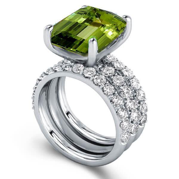 Emerald Cut Peridot Sterling Silver 3PC Wedding Ring Set