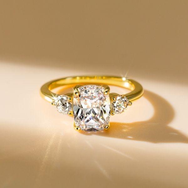 Three Stone Cushion Cut Engagement Ring in Sterling Silver with High-Carat Look