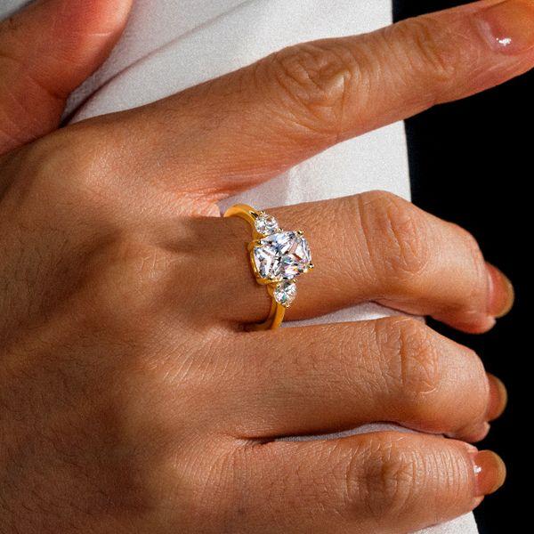 Three Stone Cushion Cut Engagement Ring in Sterling Silver with High-Carat Look