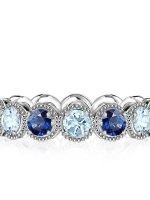 Eternity Band Ring with Milgrain Aquamarine and Blue Sapphire in Sterling Silver
