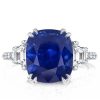 Three Stone Cushion Cut Blue Sapphire Engagement Ring in Sterling Silver with Double Prong Setting