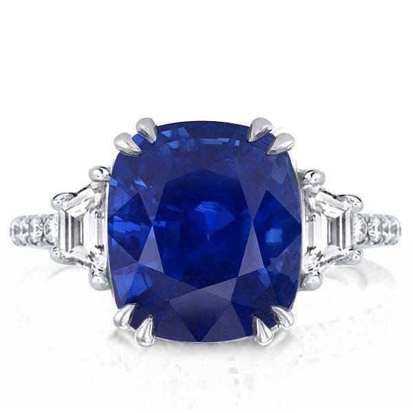 Three Stone Cushion Cut Blue Sapphire Engagement Ring in Sterling Silver with Double Prong Setting