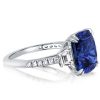 Three Stone Cushion Cut Blue Sapphire Engagement Ring in Sterling Silver with Double Prong Setting