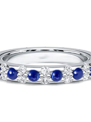 Round Cut White and Blue Sapphire Eternity Band Ring in Rhodium Plated Sterling Silver