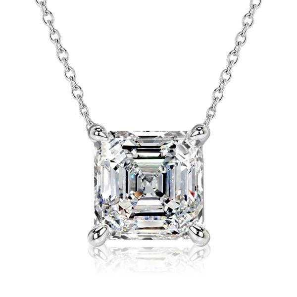 Asscher Cut Solitaire Pendant Necklace in Rhodium-Plated 925 Sterling Silver