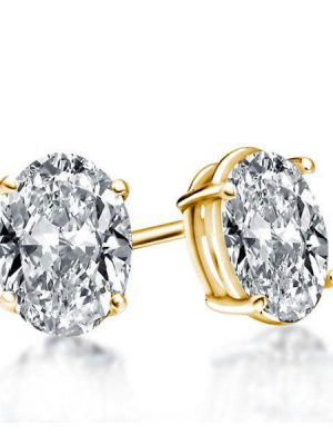 Golden Oval Stud Earrings - 18K Gold Plated Sterling Silver Solitaire
