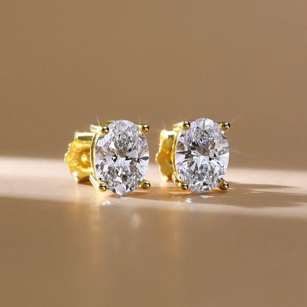 Golden Oval Stud Earrings - 18K Gold Plated Sterling Silver Solitaire