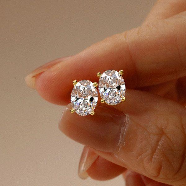 Golden Oval Stud Earrings - 18K Gold Plated Sterling Silver Solitaire