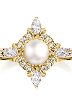 Halo Pearl Engagement Ring | 6MM Center Stone | 18K Gold Plated Sterling Silver