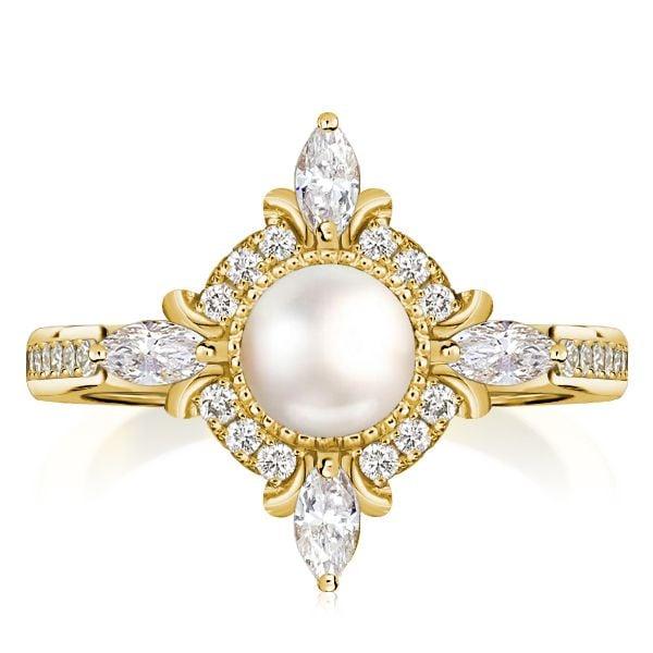 Halo Pearl Engagement Ring | 6MM Center Stone | 18K Gold Plated Sterling Silver