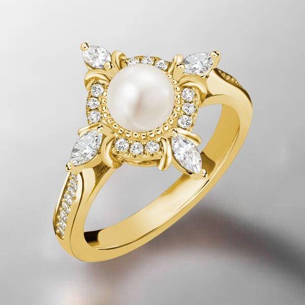 Halo Pearl Engagement Ring | 6MM Center Stone | 18K Gold Plated Sterling Silver