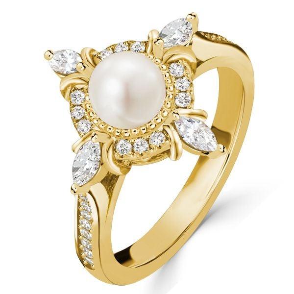 Halo Pearl Engagement Ring | 6MM Center Stone | 18K Gold Plated Sterling Silver