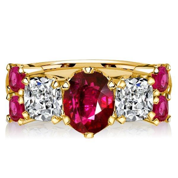 Cushion Cut Golden Ruby Half Eternity Wedding Band Ring - 18K Gold Plated Silver