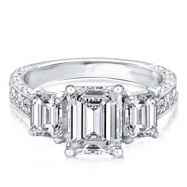 Emerald Cut Three Stone Half Eternity Engagement Ring in Sterling Silver