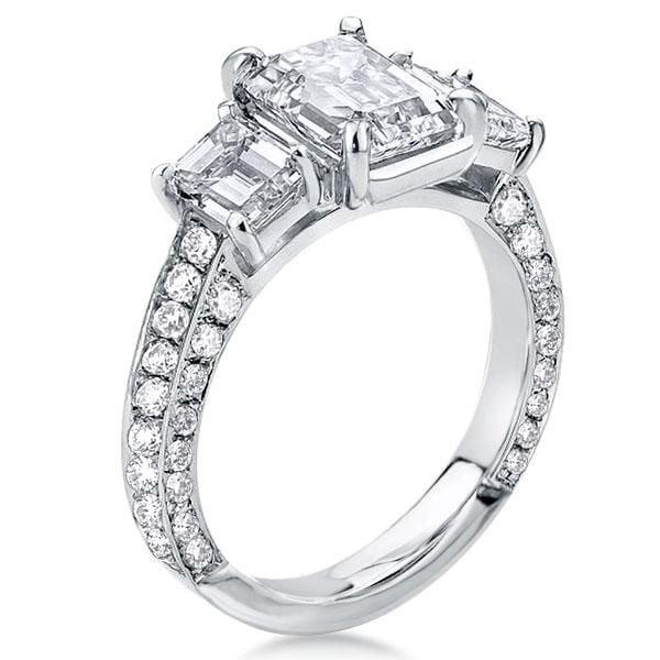 Emerald Cut Three Stone Half Eternity Engagement Ring in Sterling Silver