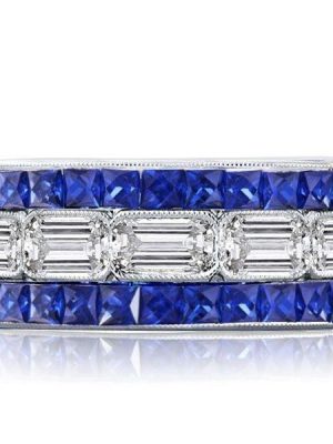 Three Row Milgrain Baguette Cut Wedding Band in Sterling Silver with Simulated Stones