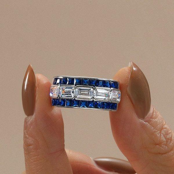 Three Row Milgrain Baguette Cut Wedding Band in Sterling Silver with Simulated Stones