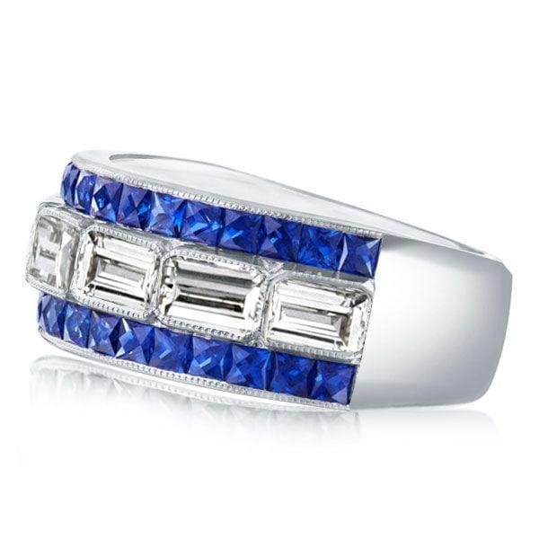 Three Row Milgrain Baguette Cut Wedding Band in Sterling Silver with Simulated Stones