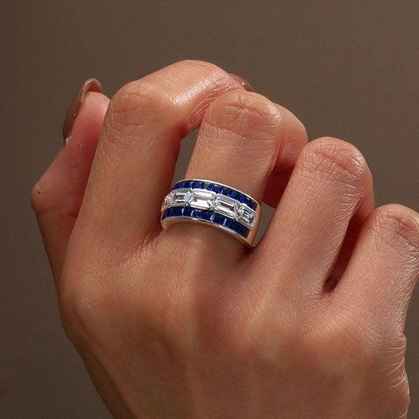 Three Row Milgrain Baguette Cut Wedding Band in Sterling Silver with Simulated Stones