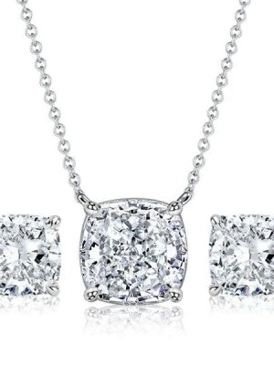 Cushion Cut Solitaire Necklace and Stud Earrings Set in Rhodium-Plated 925 Sterling Silver