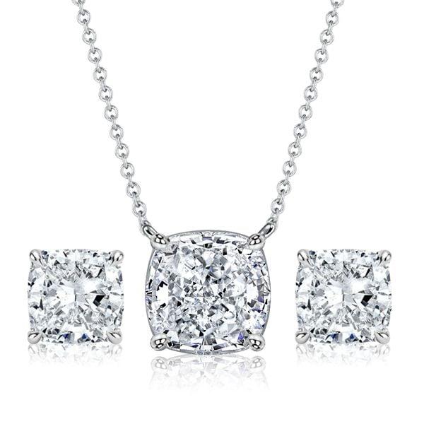 Cushion Cut Solitaire Necklace and Stud Earrings Set in Rhodium-Plated 925 Sterling Silver