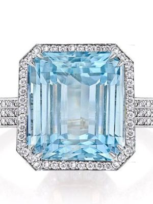 Aquamarine Halo Engagement Ring - Sterling Silver Double Prong Setting