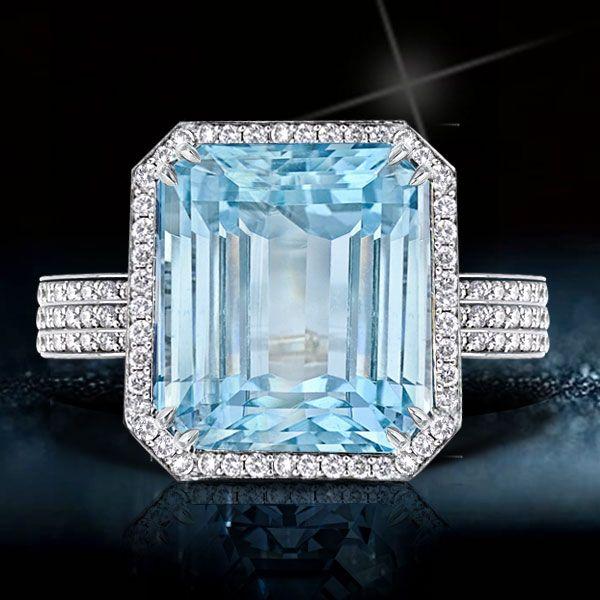 Aquamarine Halo Engagement Ring - Sterling Silver Double Prong Setting