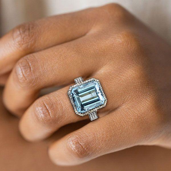 Aquamarine Halo Engagement Ring - Sterling Silver Double Prong Setting