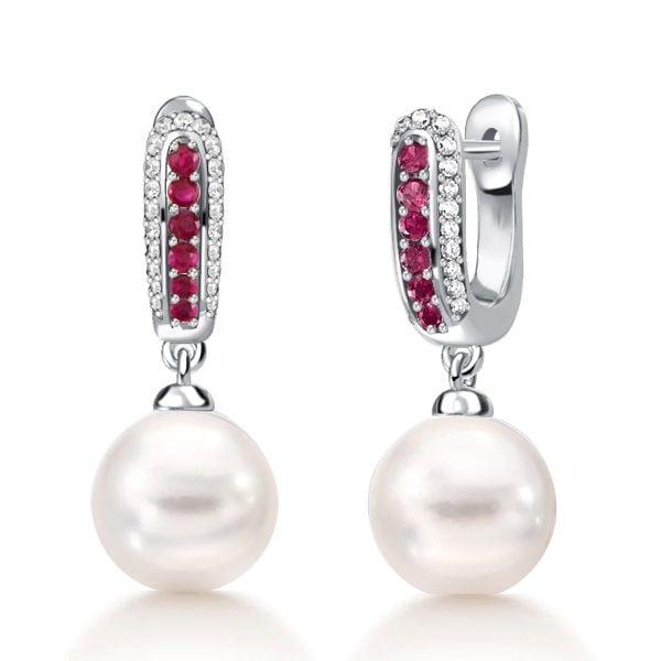 Dangle Drop Earrings with Genuine Ruby Accent and Pearl in Rhodium Plated 925 Sterling Silver