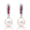 Dangle Drop Earrings with Genuine Ruby Accent and Pearl in Rhodium Plated 925 Sterling Silver