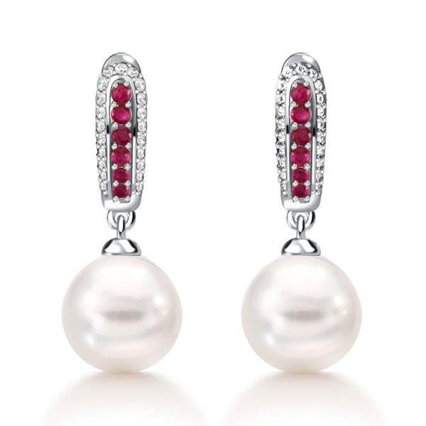 Dangle Drop Earrings with Genuine Ruby Accent and Pearl in Rhodium Plated 925 Sterling Silver