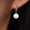 Dangle Drop Earrings with Genuine Ruby Accent and Pearl in Rhodium Plated 925 Sterling Silver