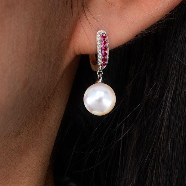 Dangle Drop Earrings with Genuine Ruby Accent and Pearl in Rhodium Plated 925 Sterling Silver