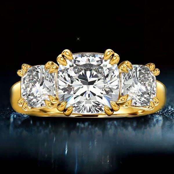 Three Stone Cushion Cut Engagement Ring | 4.00 CT. Center Stone | 18K Gold Plated Sterling Silver
