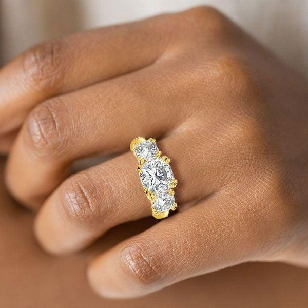Three Stone Cushion Cut Engagement Ring | 4.00 CT. Center Stone | 18K Gold Plated Sterling Silver