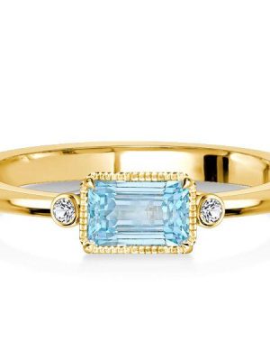 Aquamarine & Emerald Cut 3 Stone Engagement Ring - Bezel Set Sterling Silver