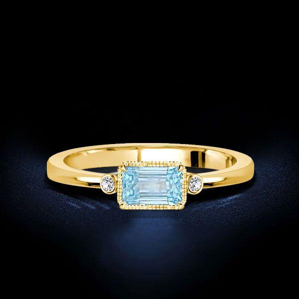 Aquamarine & Emerald Cut 3 Stone Engagement Ring - Bezel Set Sterling Silver