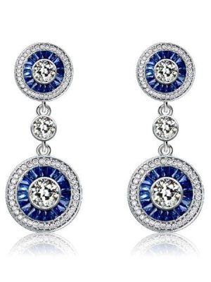 Vintage Blue Sapphire Halo Drop Earrings in Rhodium-Plated Sterling Silver