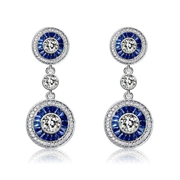 Vintage Blue Sapphire Halo Drop Earrings in Rhodium-Plated Sterling Silver
