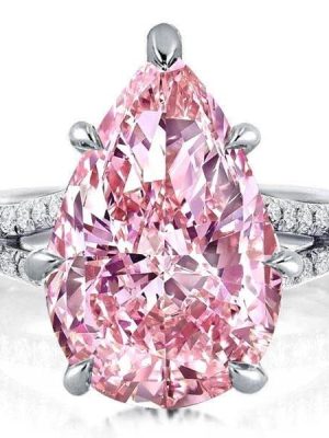 Pear Pink Created Sapphire Split Shank Engagement Ring in Rhodium Plated Sterling Silver